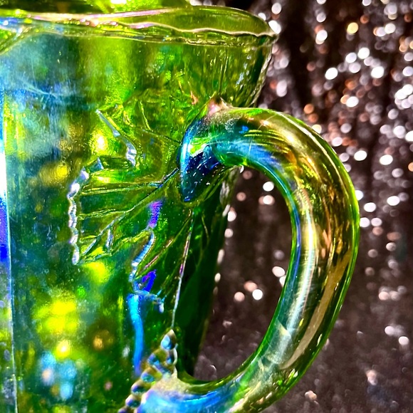 Vintage Carnival Glass Pitcher Harvesting EmeraldGreen to Blue Iridescent - Picture 7 of 12